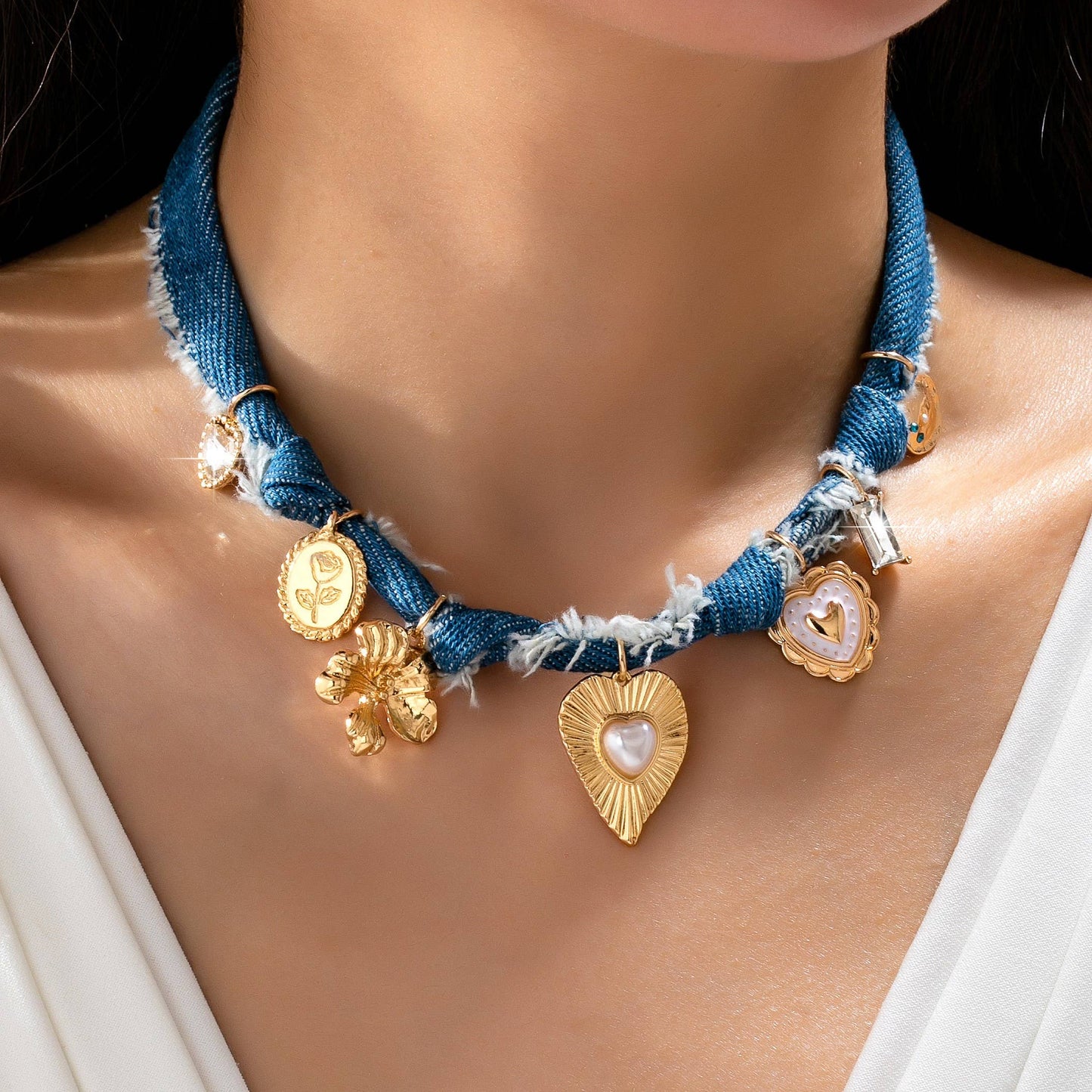 Distressed Denim Heart Floral Charm Necklace