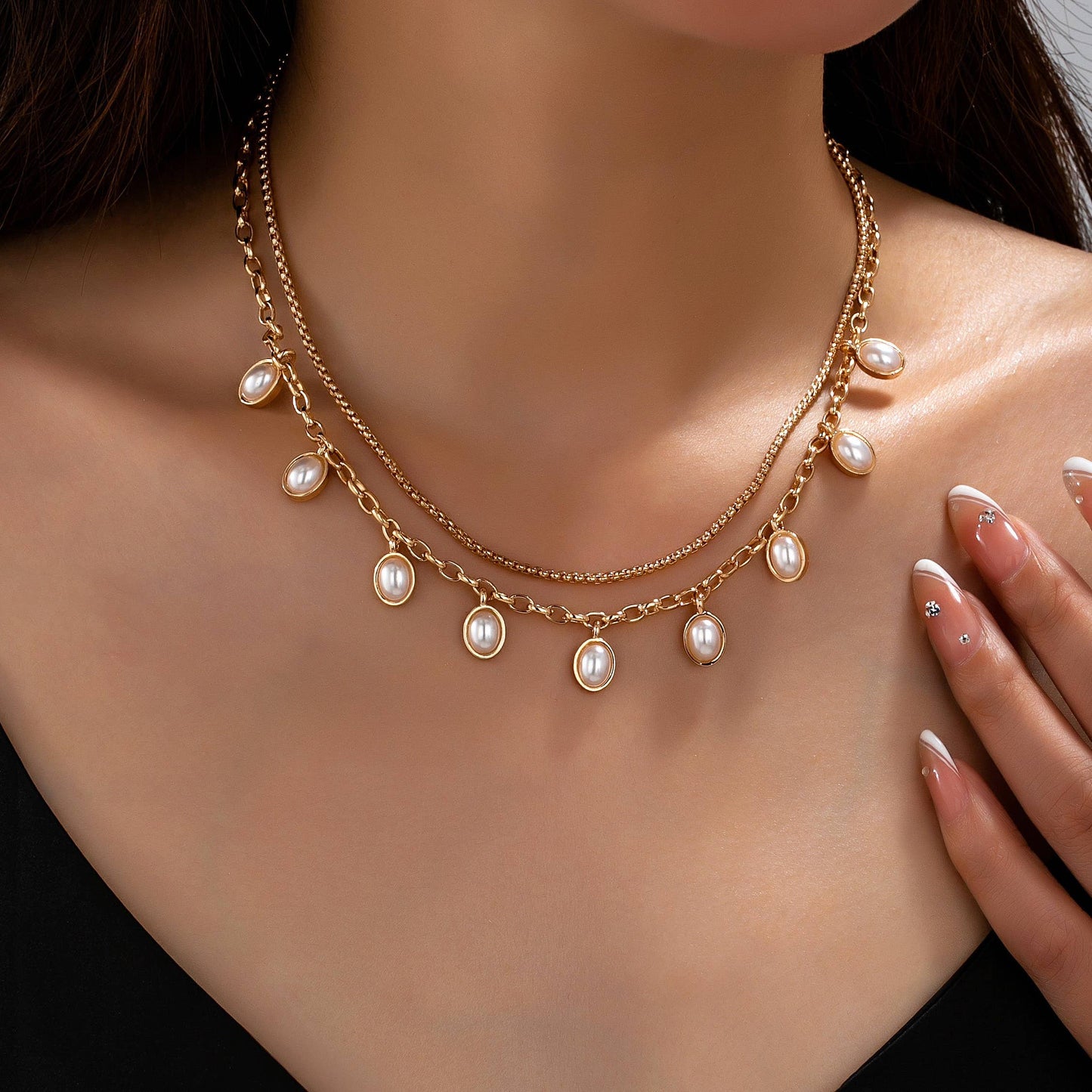 Layered Gold Chain Pearl Charm Necklace