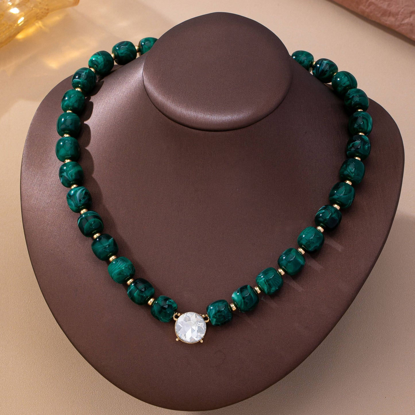 Resin Bead Round Crystal Pendant Necklace