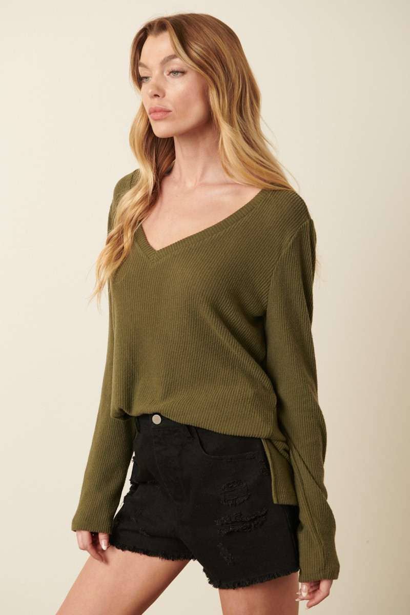 Olive V Neck Rib Top