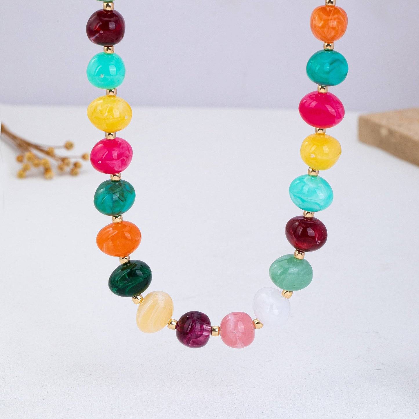 Multi Colored Resin Pebble Beaded Necklace