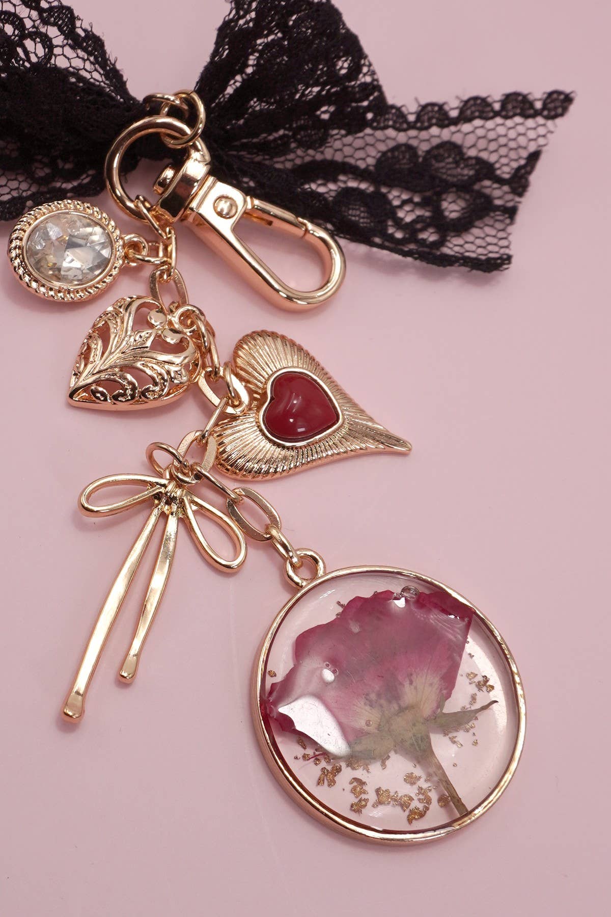 Bag Charm - Dried Flower Bow Heart Rhinestone Charms