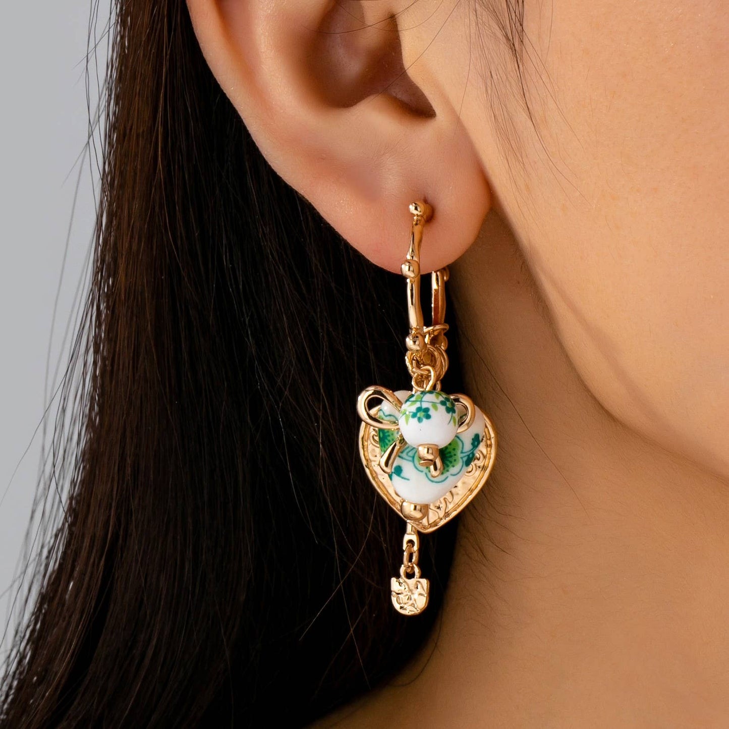 Chinoiserie Heart Charm Hoop Earrings