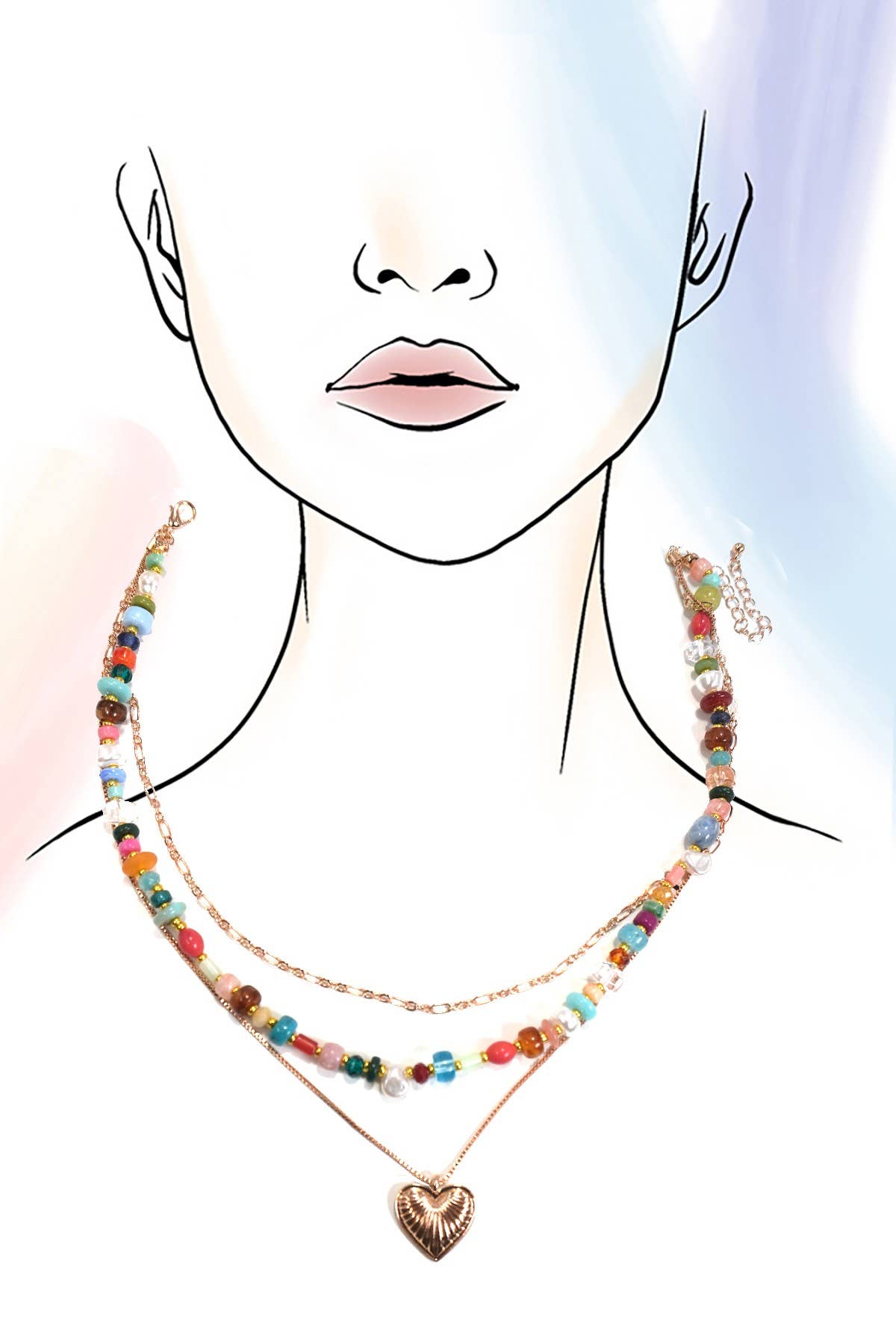 Multi-Layered Multi-Colored Pearl Mixed Beaded Heart Flower Charm Necklace
