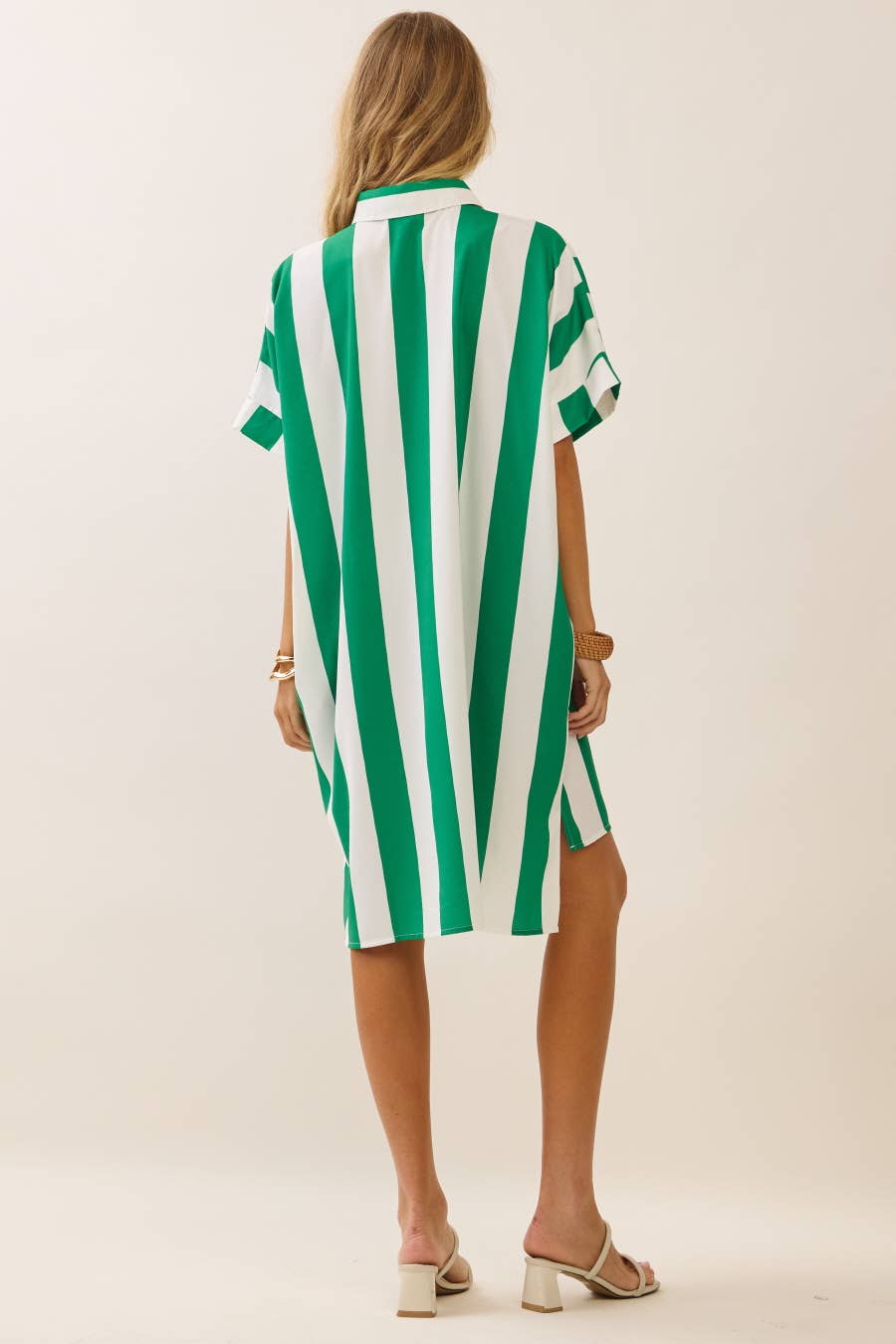 Vertical Stripe Short Sleeve Button-Up Shirt Dress