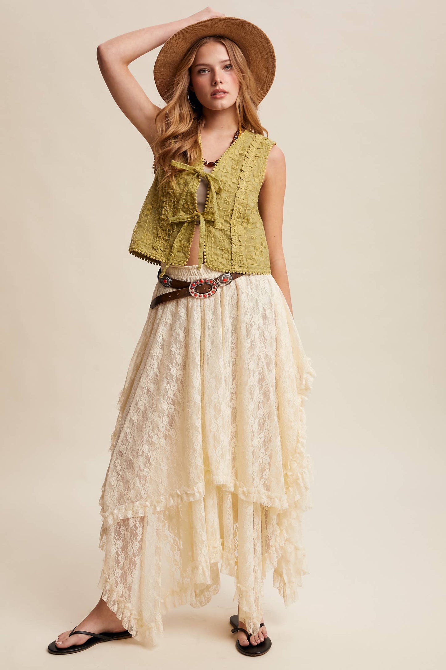 Embroidered Lace Tie-Front Vest