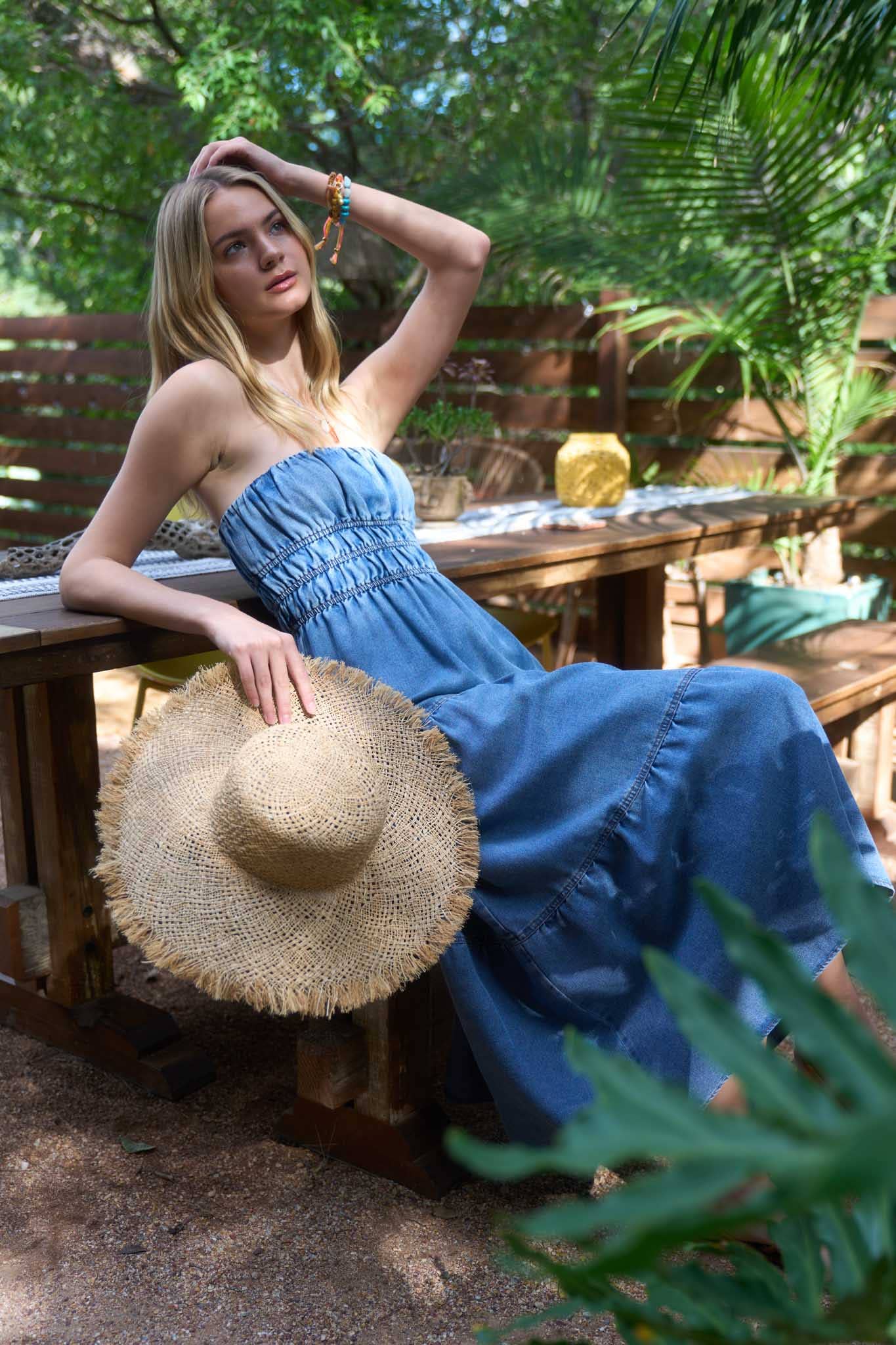 Strapless Tiered Denim Midi Sundress