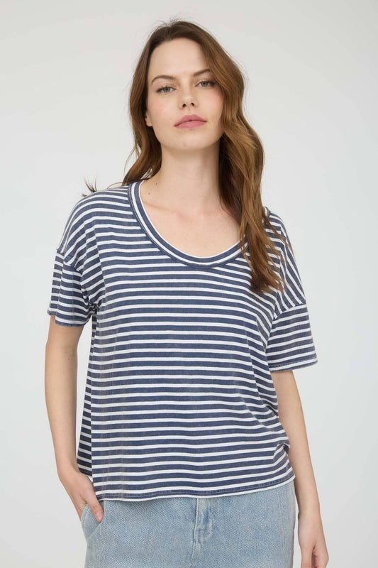 Navy Washed Stripe Short Sleeve Scoop Knit Top