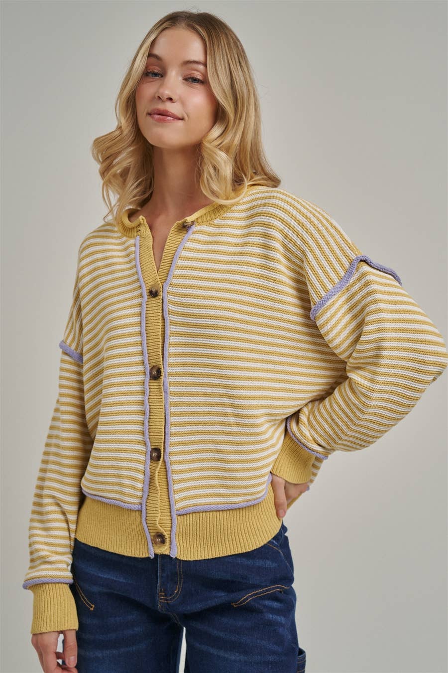Stripe Textured Button-Down Cardigan