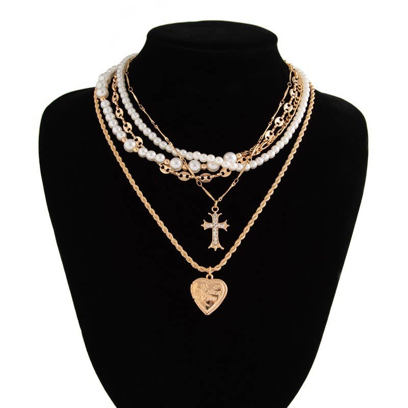 Rhinestone Cross & Gold Heart Charm Multilayer Pearl Gold Mix Necklace Set