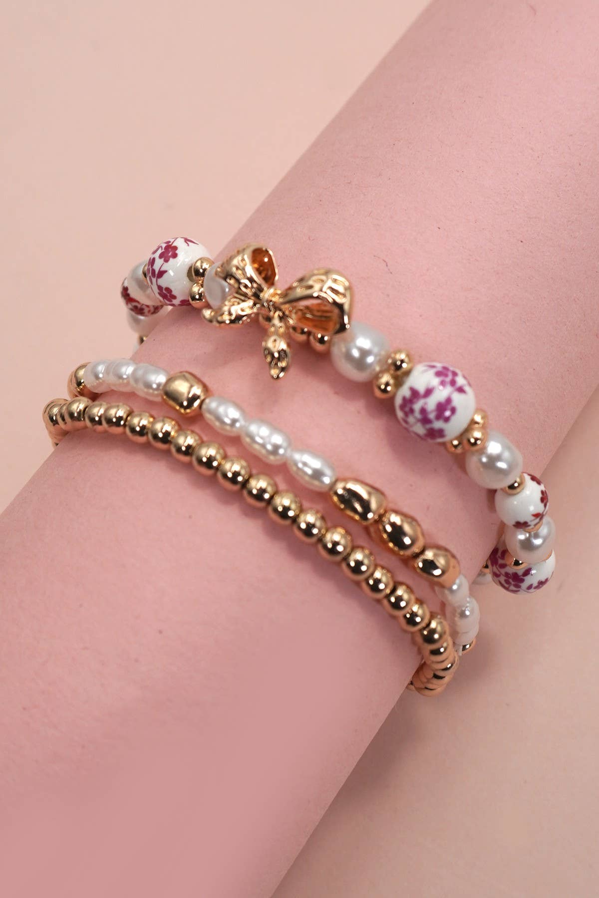 Pink Ceramic Porcelain Bow and Pearl Chain Stretchable Bracelet