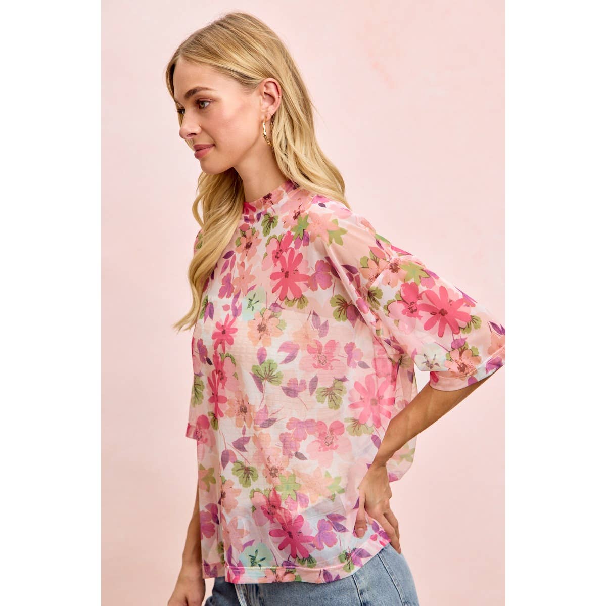 Floral Print Mesh Over Sized Top