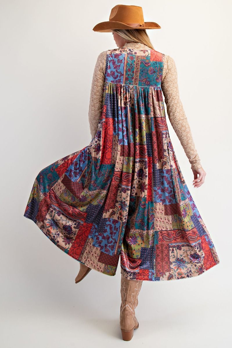 Easel Patchwork Printed Velvet Jumpsuit