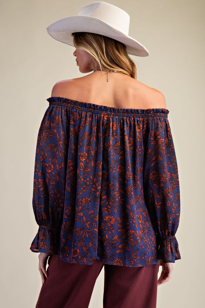 Easel Floral Printed Satin Off-Shoulder Top