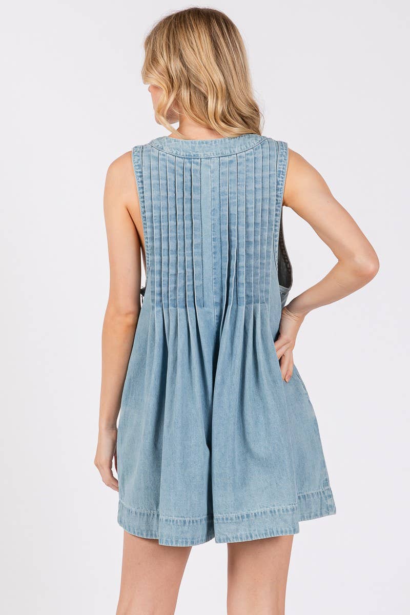 Pleated Tie Front Denim Washed Romper