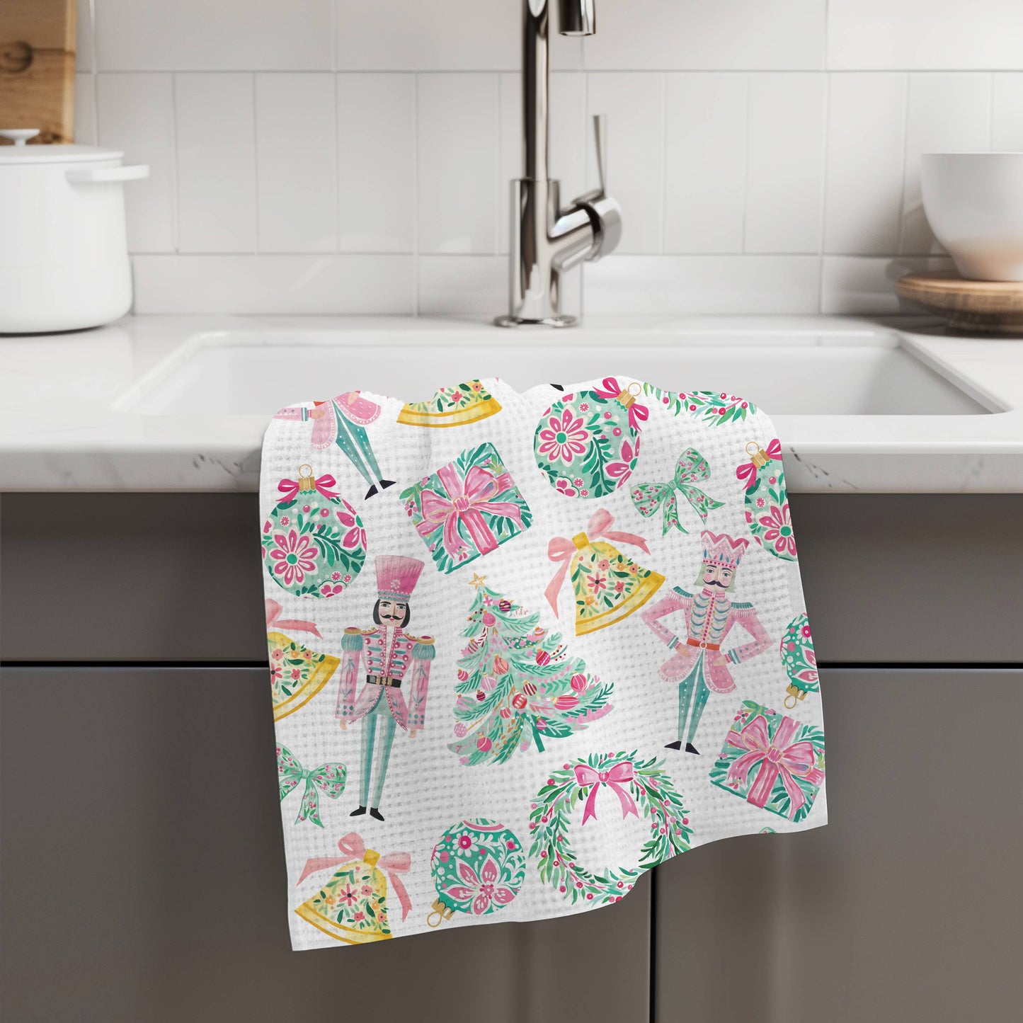 Nutcracker Pink Christmas Kitchen Towel Waffle