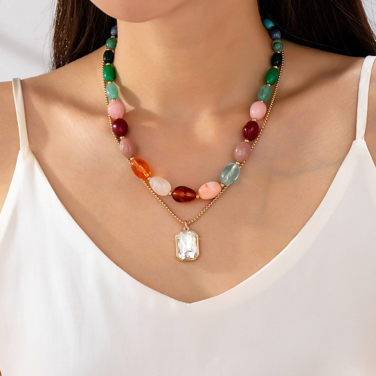Multi-Color Stone & Crystal Pendant Necklace