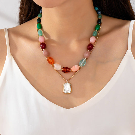 Multi-Color Stone & Crystal Pendant Necklace