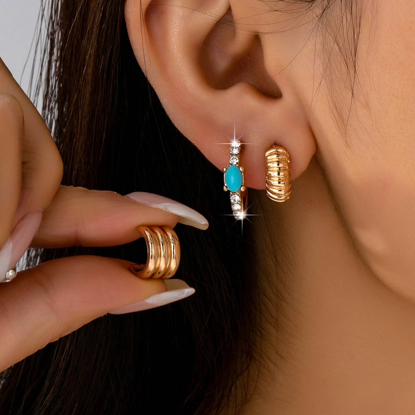 Turquoise Enamel Hoop Trio Earring Set