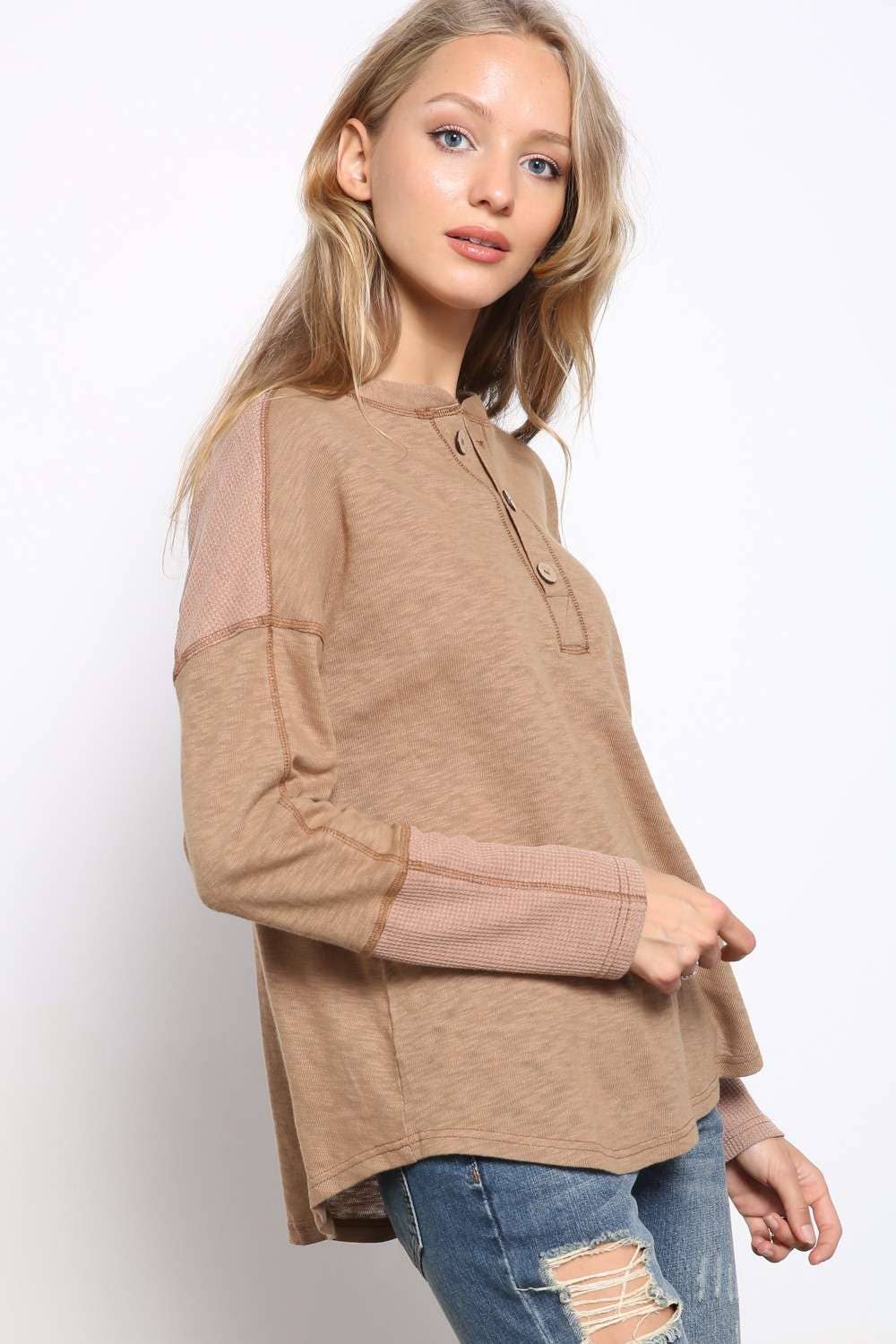 Color Block Button Down Long Sleeve Top
