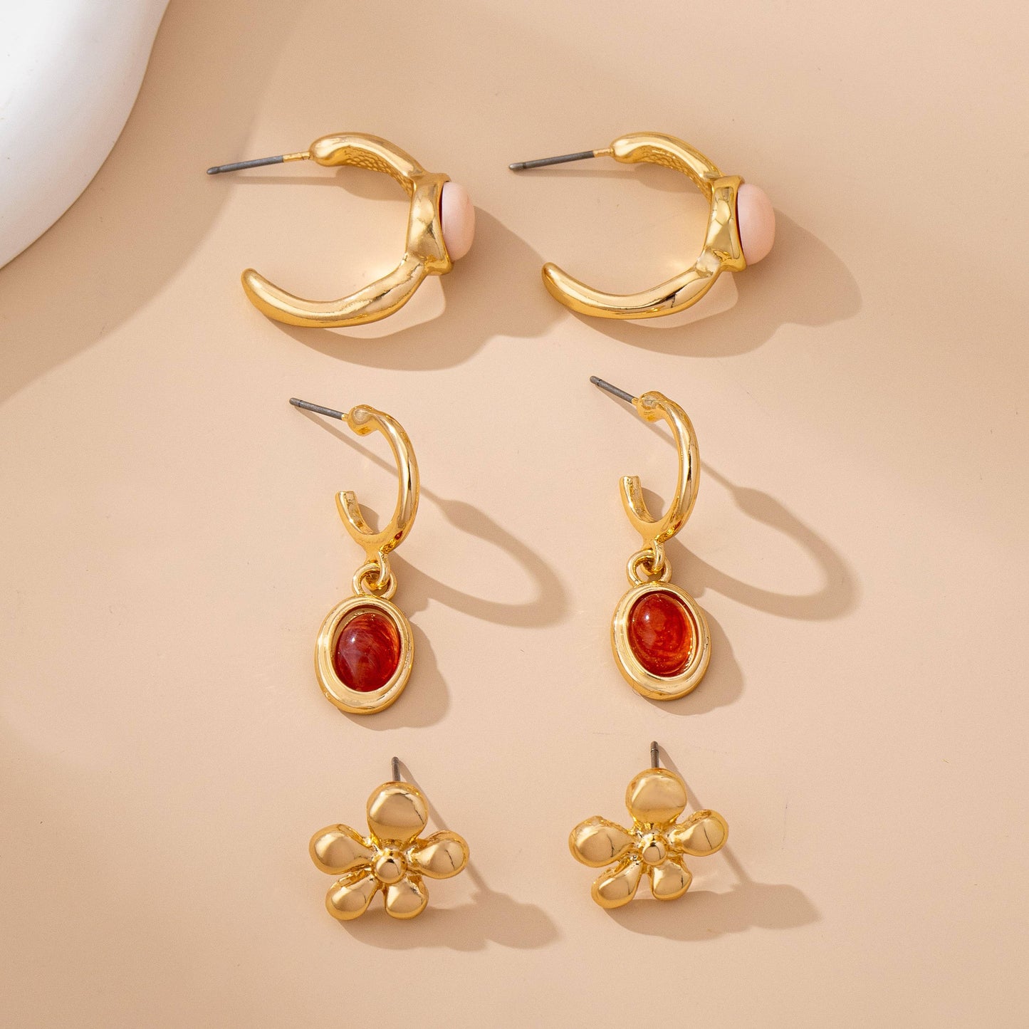 Gold Floral & Gem Drop Hoop Trio Earring Set