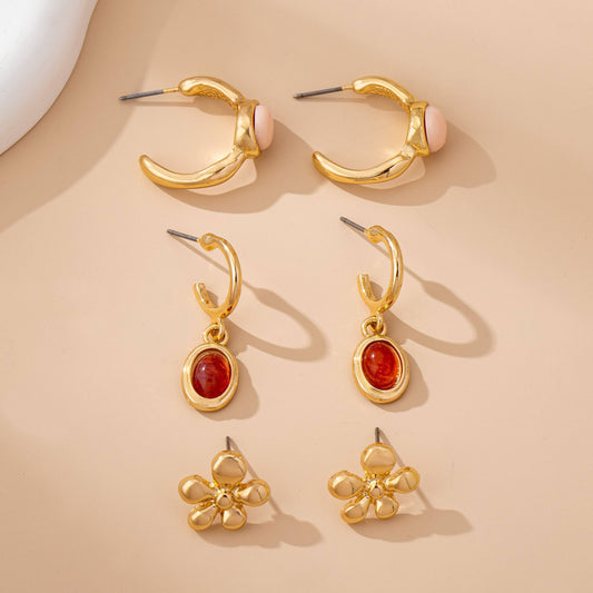 Gold Floral & Gem Drop Hoop Trio Earring Set