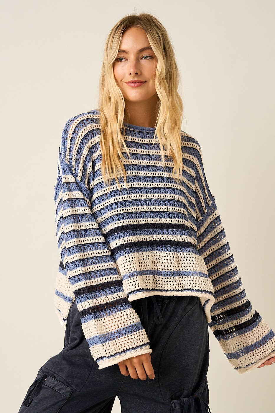 Striped Crochet Long Sleeve Top