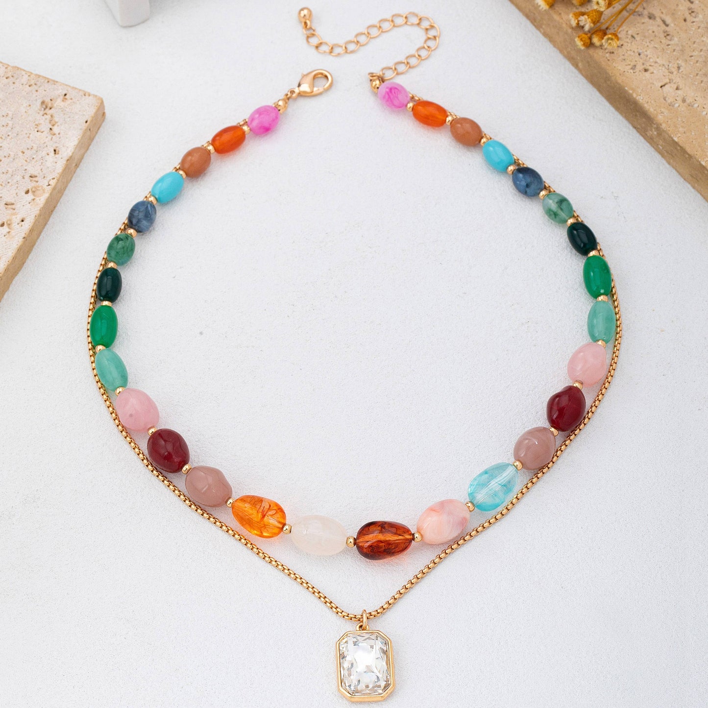 Multi-Color Stone & Crystal Pendant Necklace