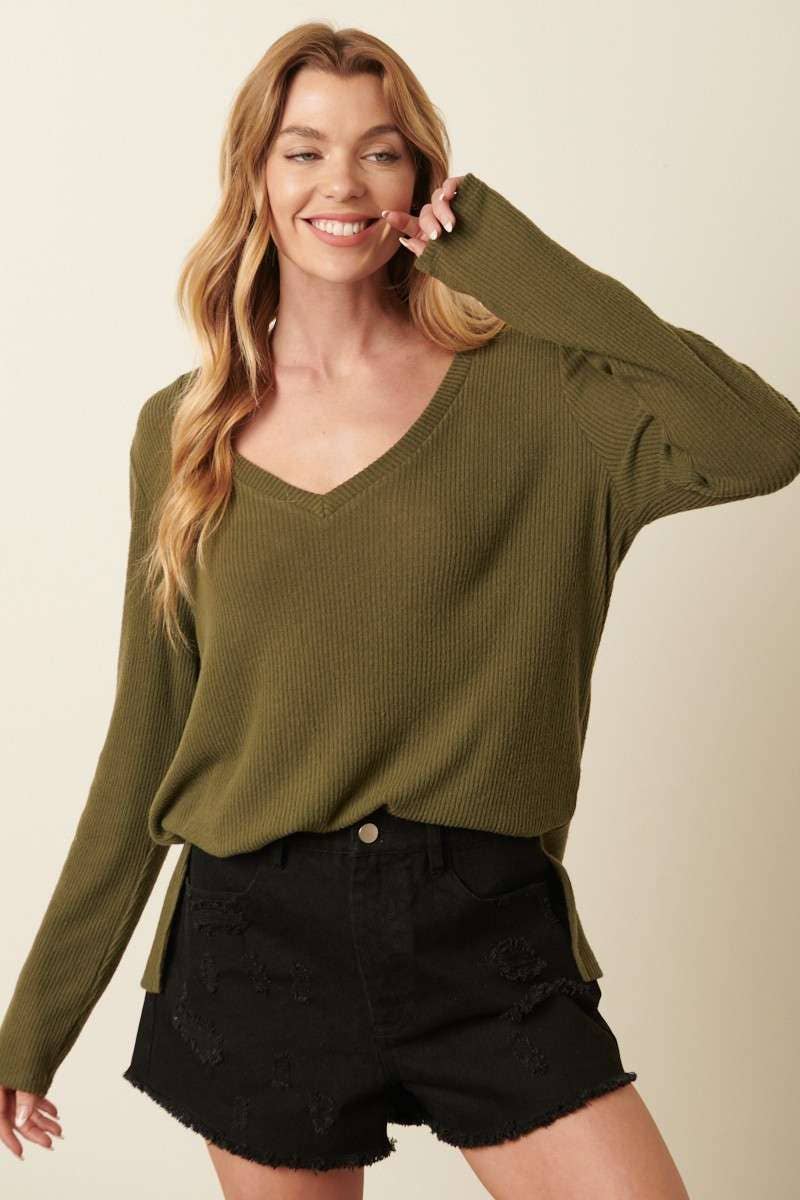 Olive V Neck Rib Top