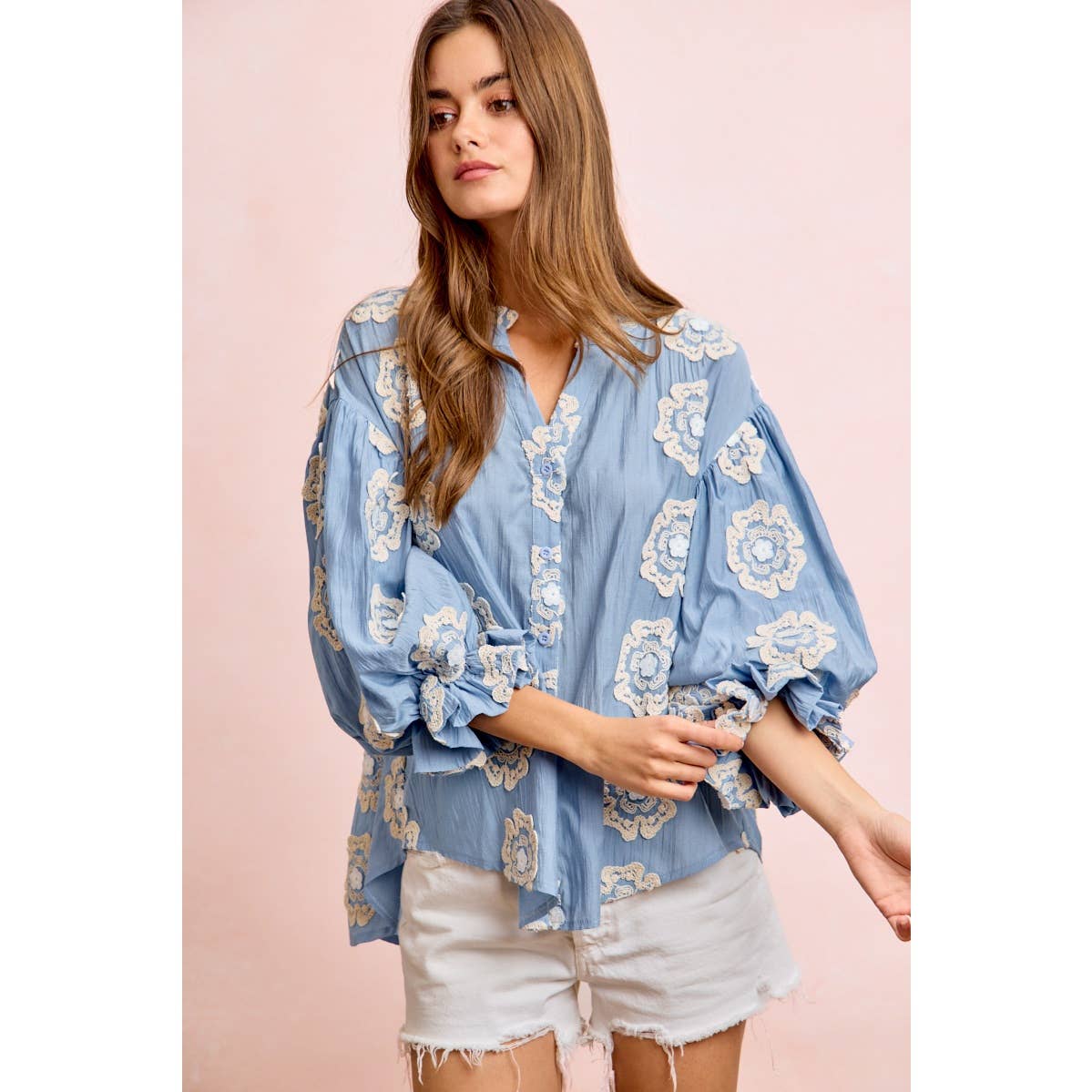 Flower Patch Woven Bubble Sleeve Blouse