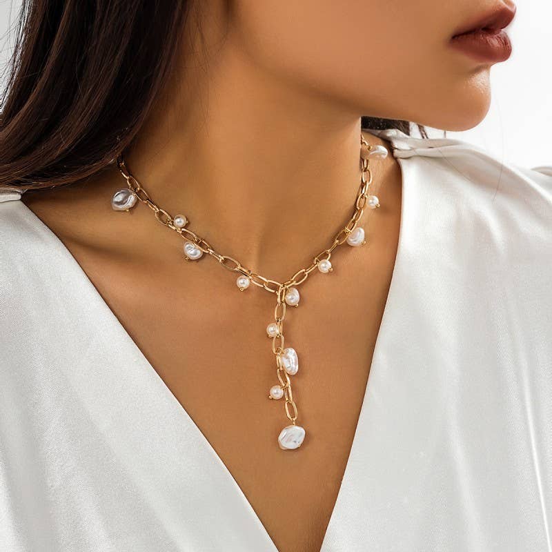 Boho Y-Neck Pearl Station Cross Necklace