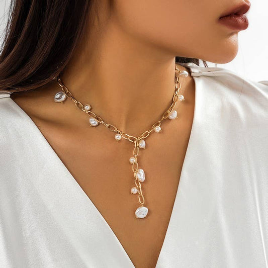 Boho Y-Neck Pearl Station Cross Necklace