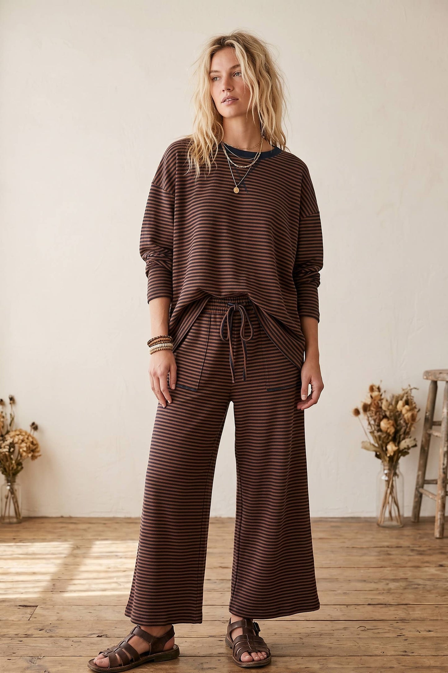 Striped Relaxed Top & Wide Leg Pants Knit Set