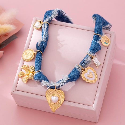 Distressed Denim Heart Floral Charm Necklace
