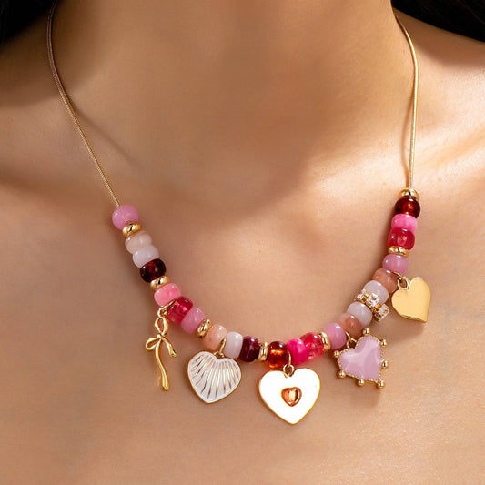 Pink Beaded Heart and Shell Charm Necklace