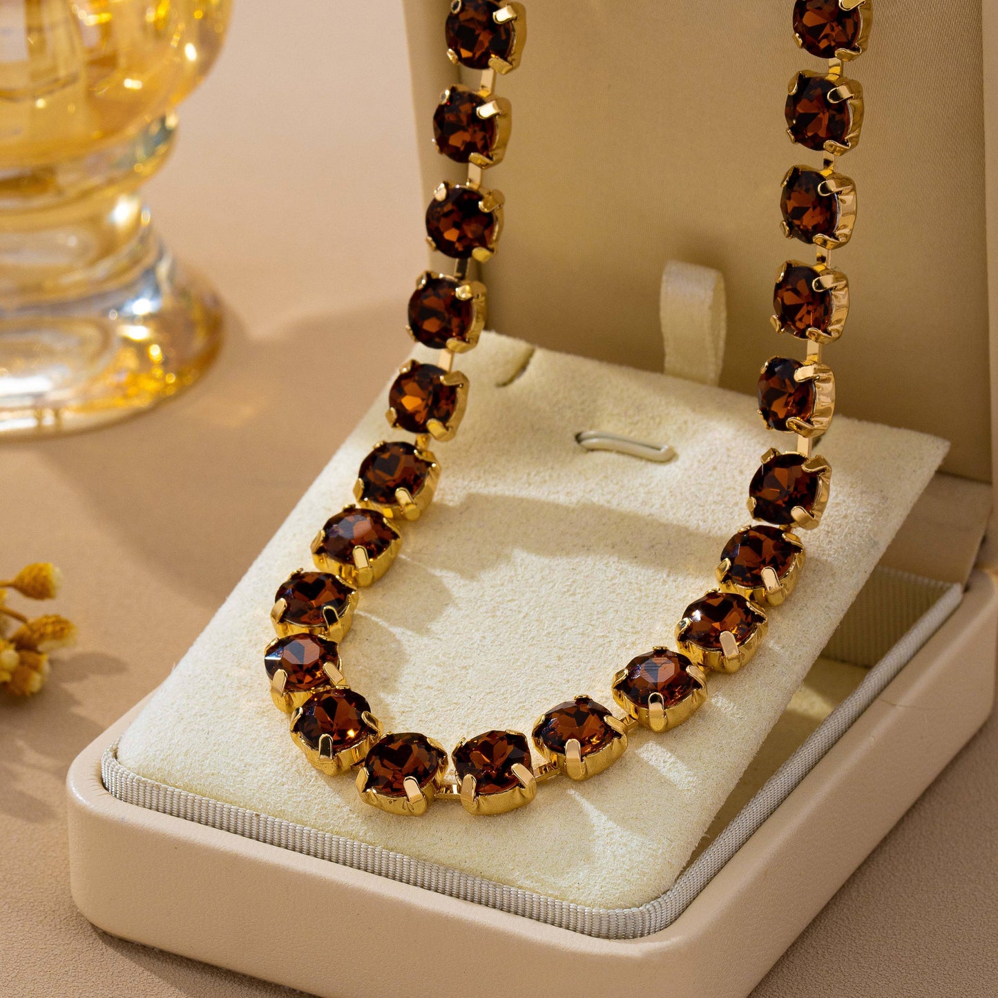 Brass & Multi-Color Glass Crystal Tennis Necklace