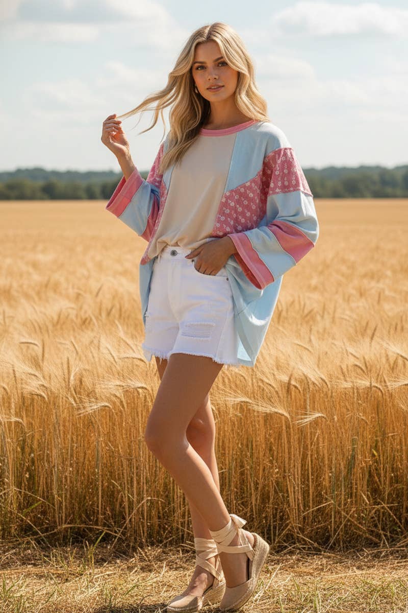 Mineral Washed Floral Patch Oversized Top