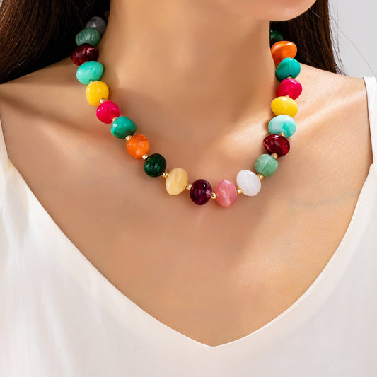 Multi Colored Resin Pebble Beaded Necklace