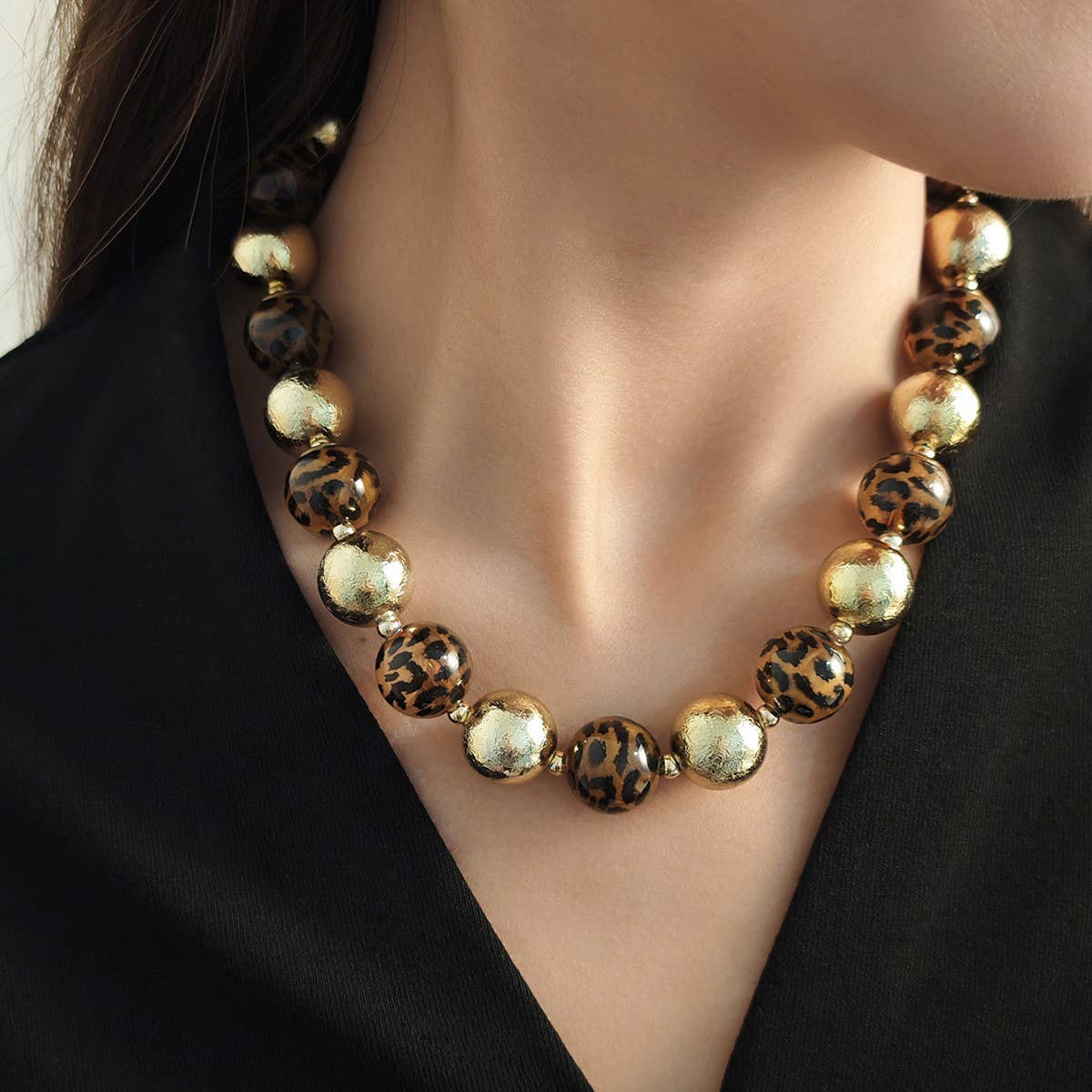 Leopard and Gold Chunky Beaded Necklace