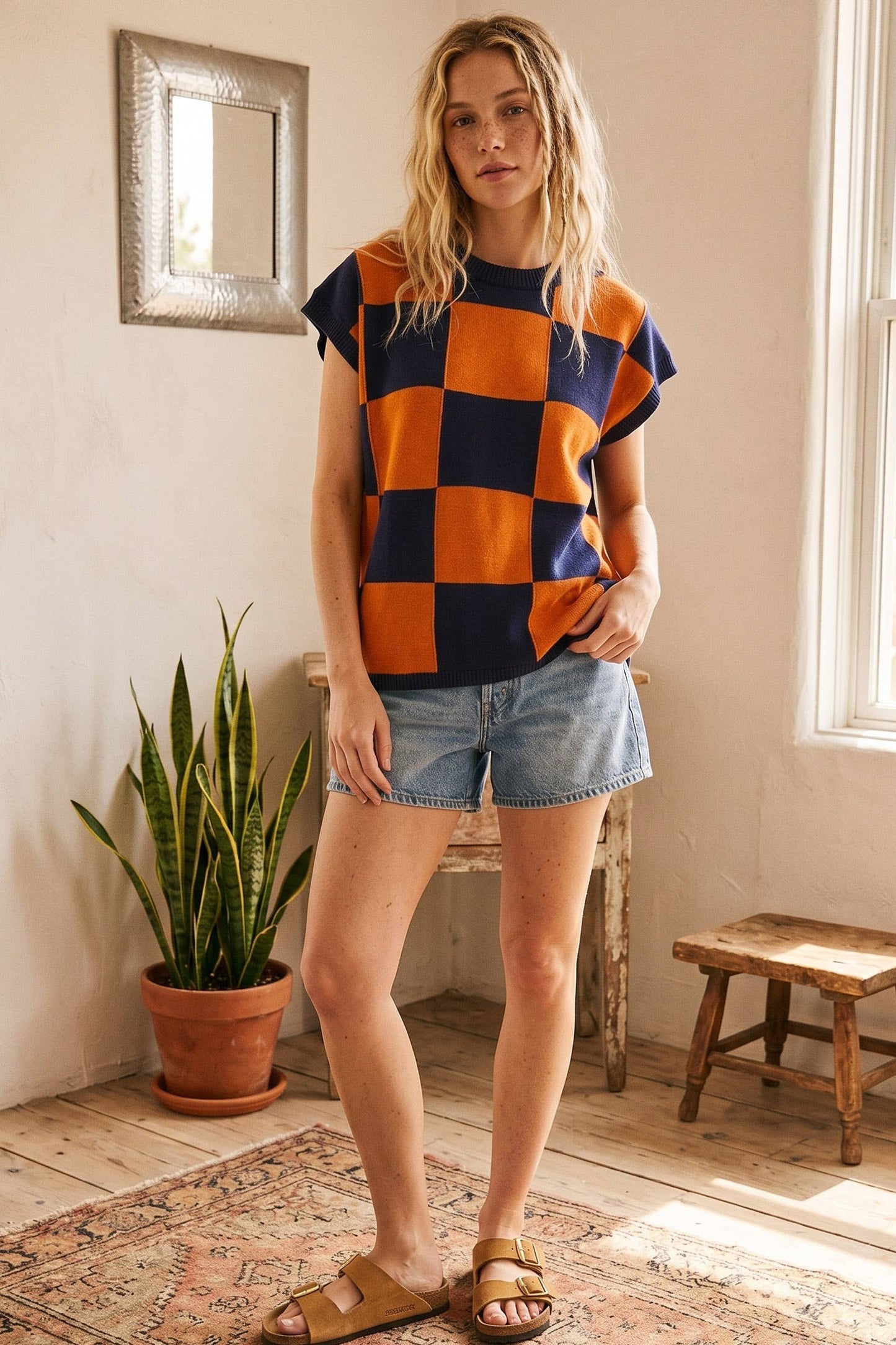 Checkered Knit Sleeveless Top