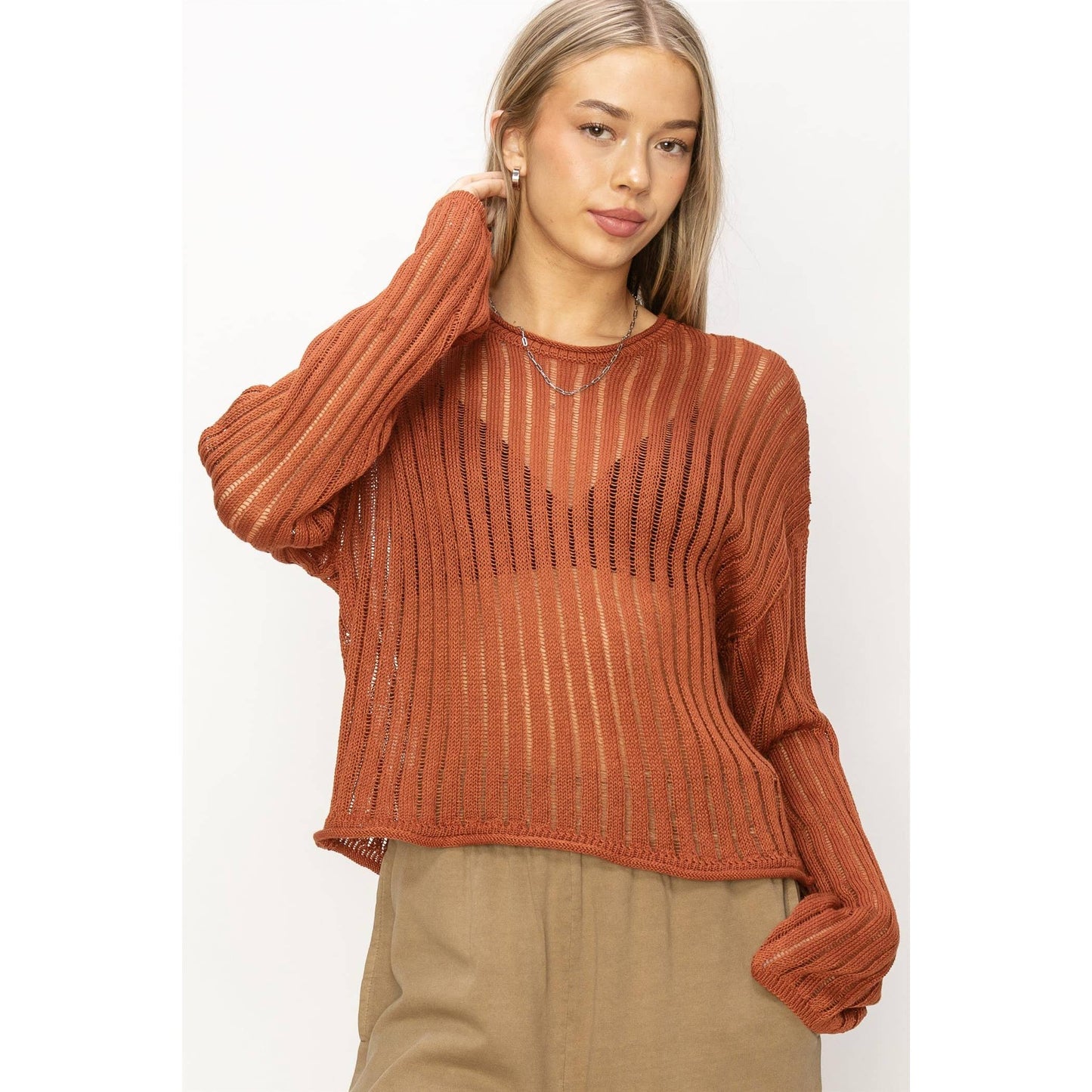 Baked Clay Open Knit Long Sleeve Sweater