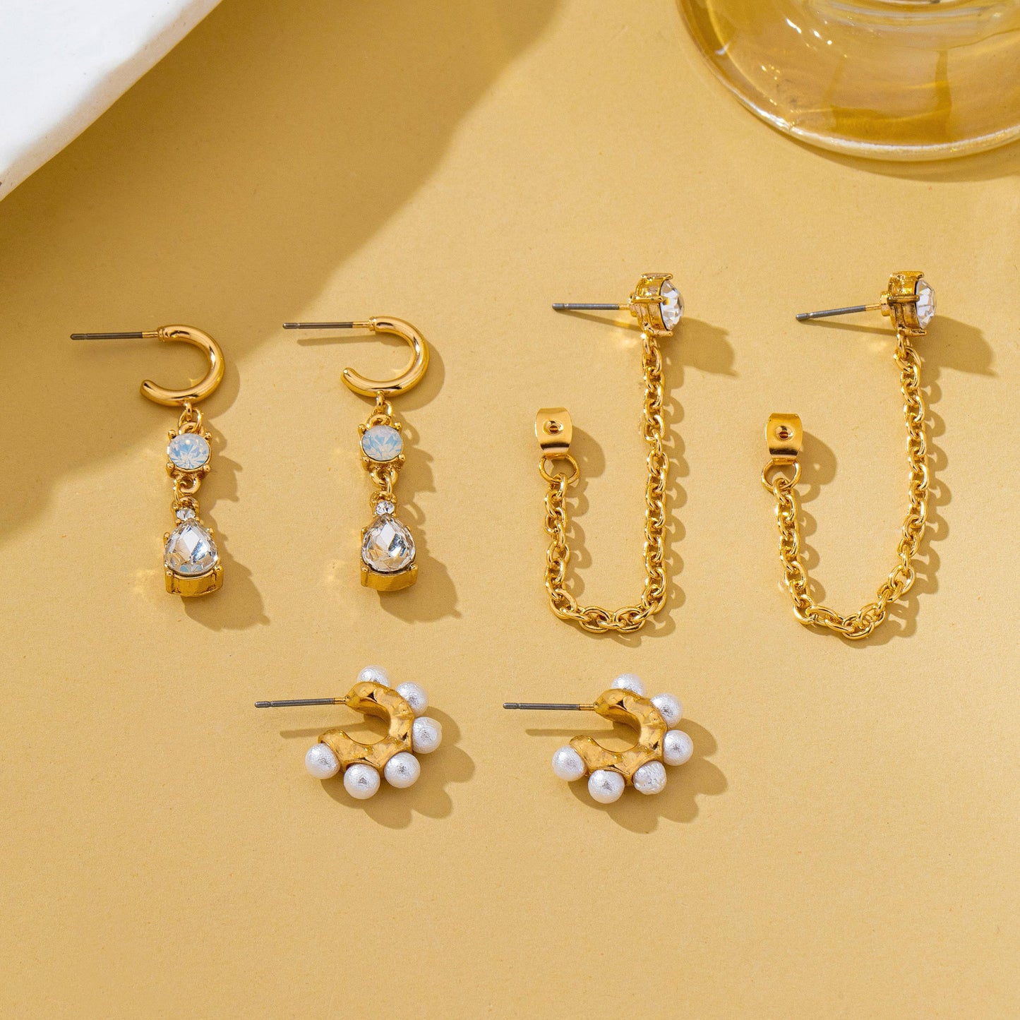 Pearl Hoop Crystal Drop Chain Trio Earring Set