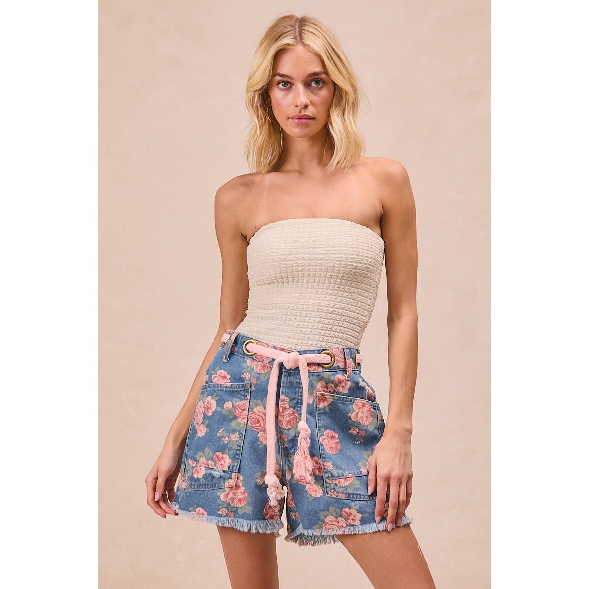 Braided Waist Belt Floral Denim Shorts