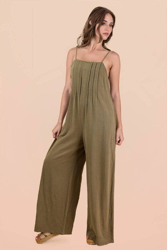 Pleated Solid Woven Sleeveless Jumpsuit