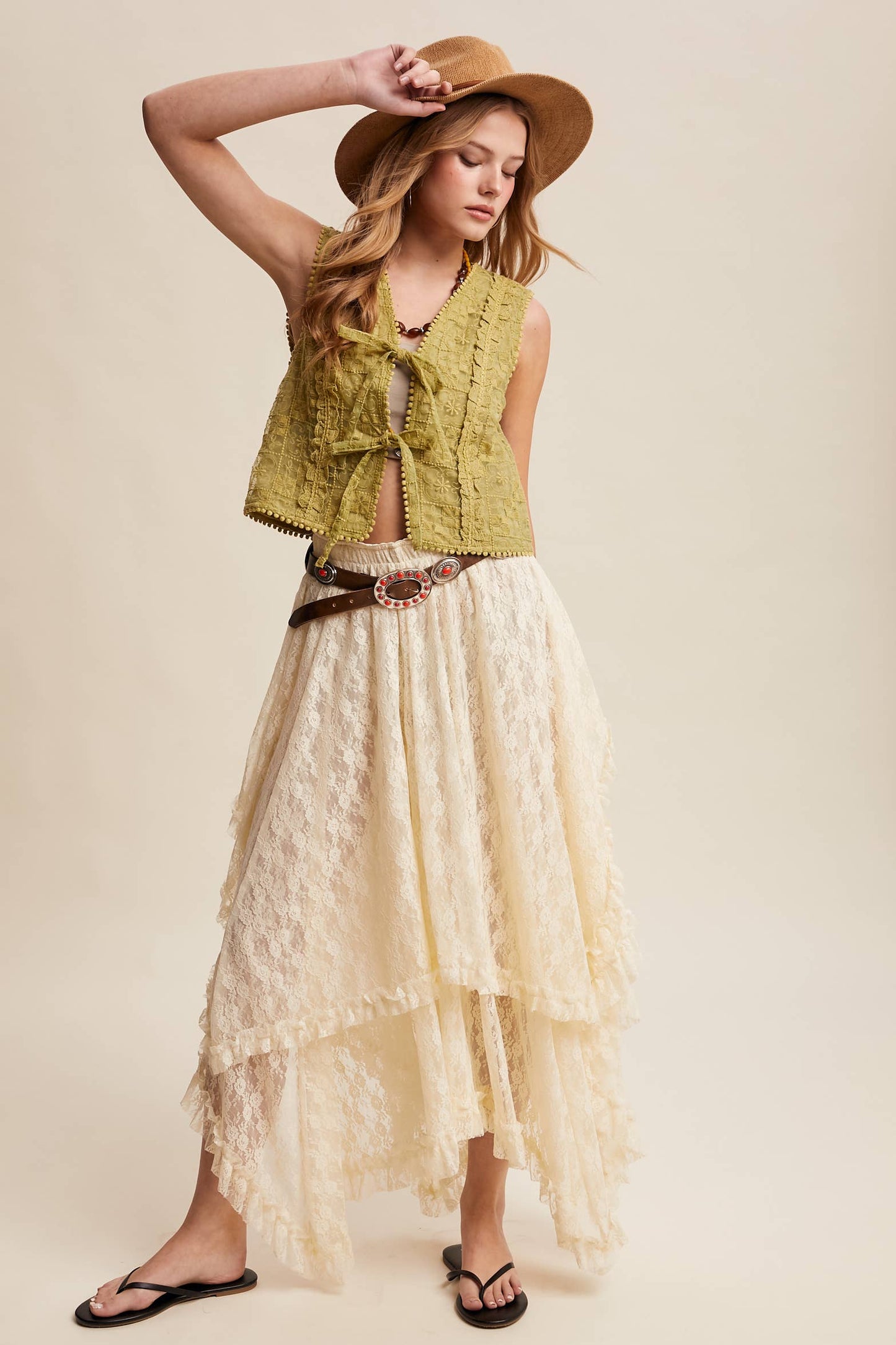 Embroidered Lace Tie-Front Vest