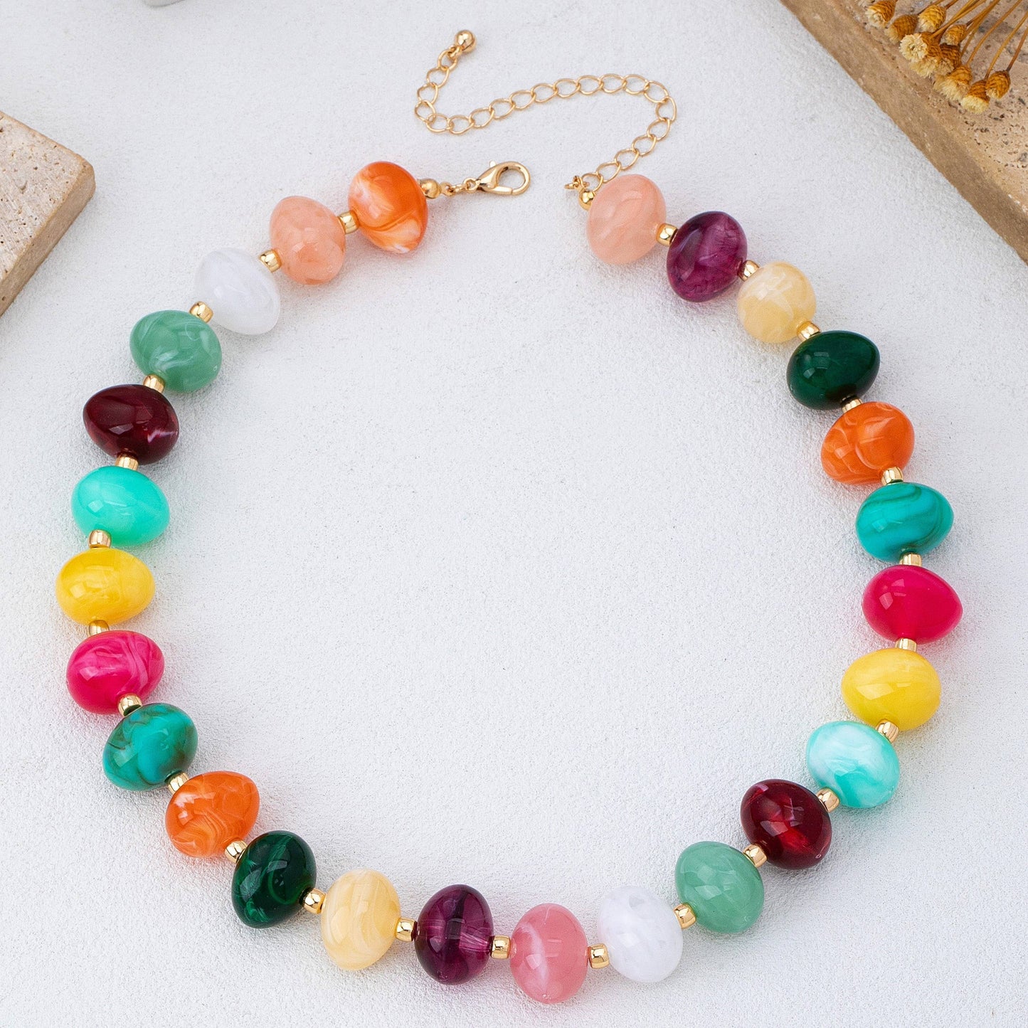 Multi Colored Resin Pebble Beaded Necklace