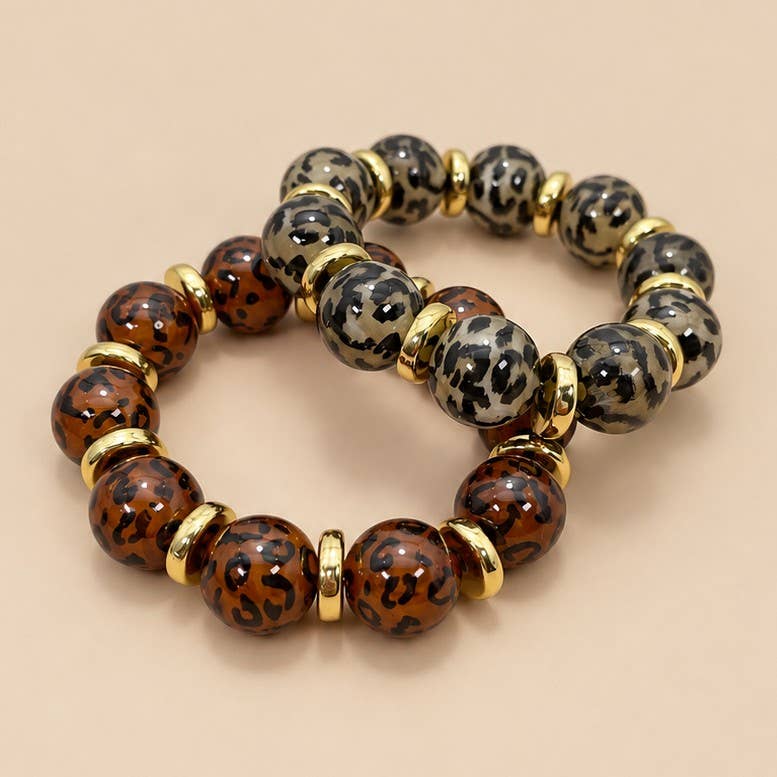 Leopard Print Beaded Stretch Bracelet