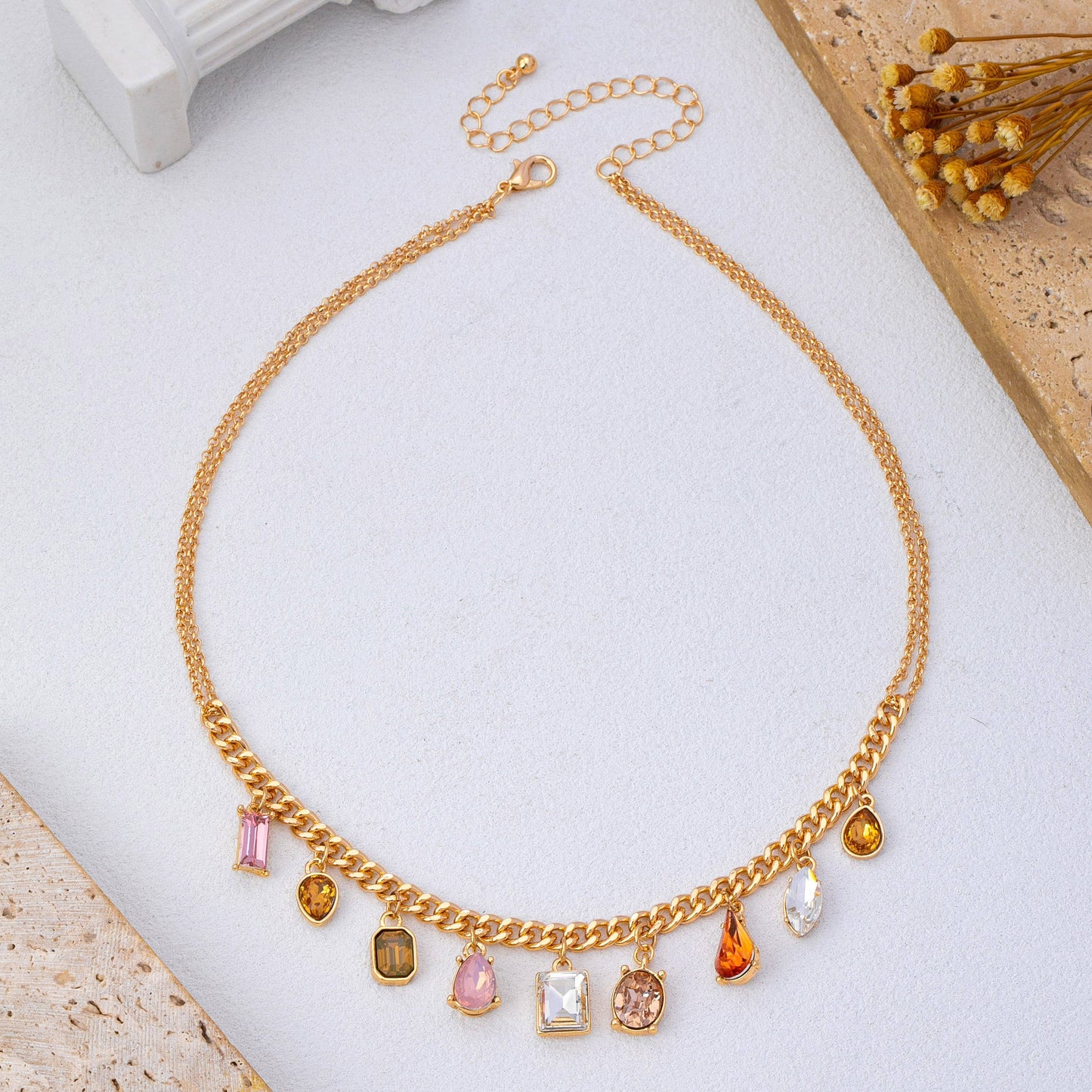 Multi-Shape Earth Tone Crystal Charm Necklace
