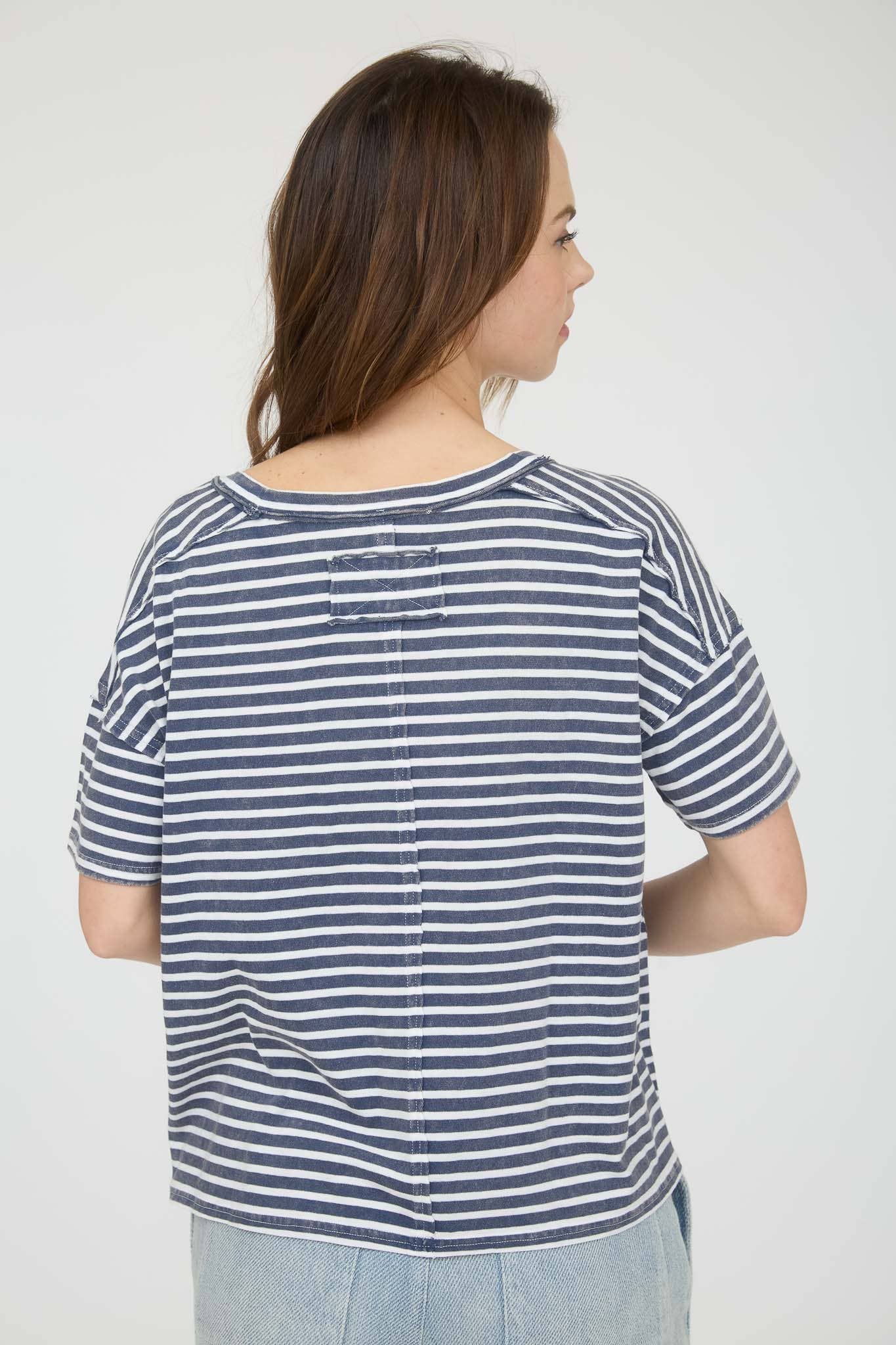 Navy Washed Stripe Short Sleeve Scoop Knit Top