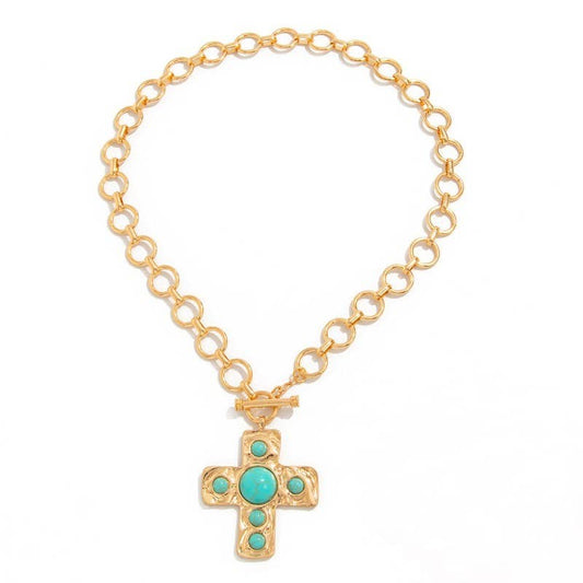 Turquoise Hammered Cross Front Toggle Necklace